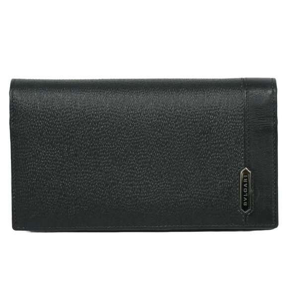 BVLGARI Leather Long Wallet Black Silver